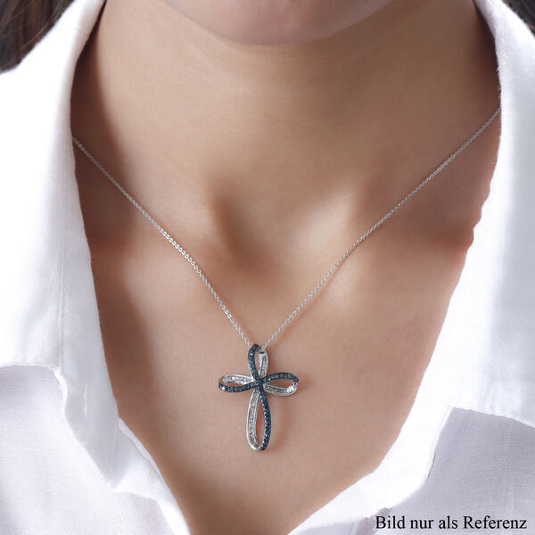 Blauer und weißer Diamant Kreuz-Anhänger mit Kette in Silber image number 2
