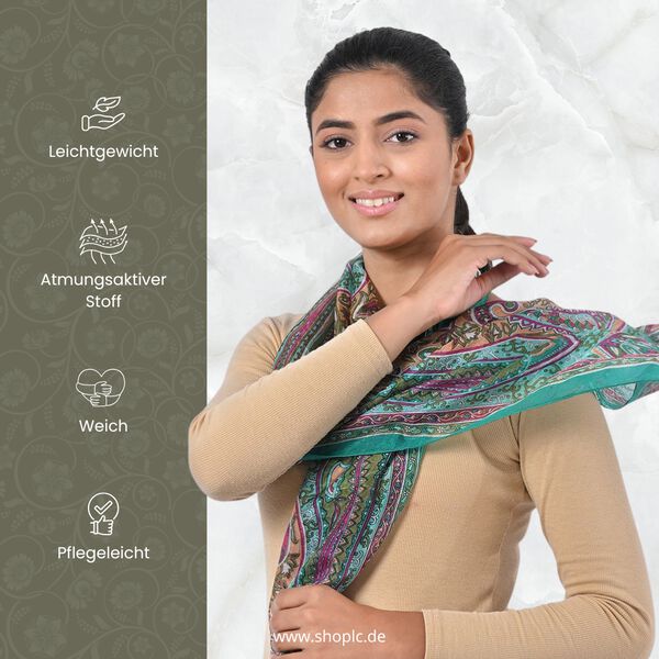 Bedruckter Schal aus 100% Seide, Mehrfarbiges Muster mit grüner Bordüre, 70x200 cm image number 3