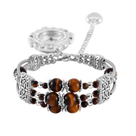 STRADA - Gelbes Tigerauge verstellbare Perlenarmbanduhr mit Legierungsgehäuse und japanischem Uhrwerk, 17-21 cm, Reiner Edelstahl