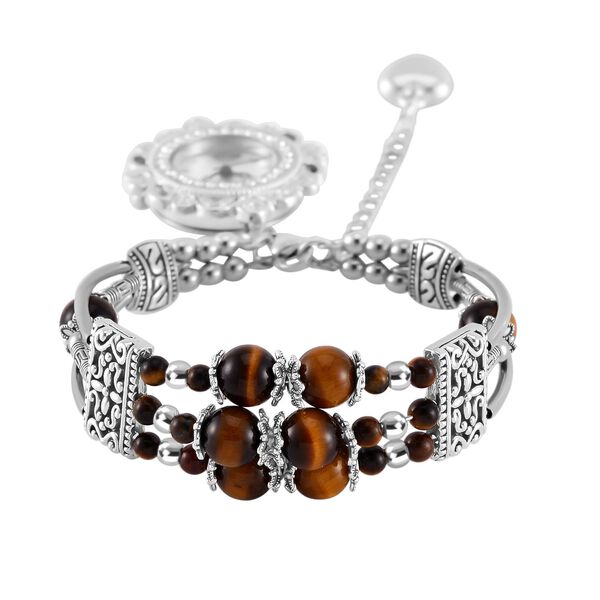 STRADA - Gelbes Tigerauge verstellbare Perlenarmbanduhr mit Legierungsgehäuse und japanischem Uhrwerk, 17-21 cm, Reiner Edelstahl image number 0