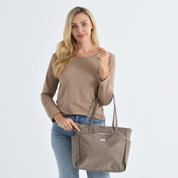 Signature Handtasche, edles Nylon Design mit 3 Rei&szlig;verschluss Taschen und 2 offenen Au&szlig;entaschen, 30x30x10cm, Dunkel Khaki image number 2