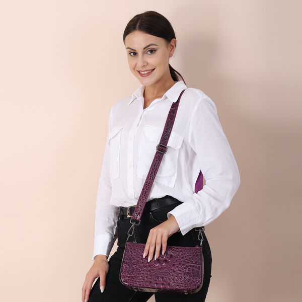 Schultertasche aus 100% echtem Leder mit Kroko-Prägung, Lila  image number 2