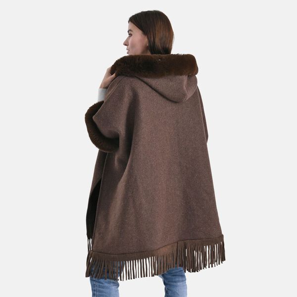 LA MAREY - Poncho aus Webpelz mit Fransen und Fleecefutter, Einheitsgröße, Braun image number 2