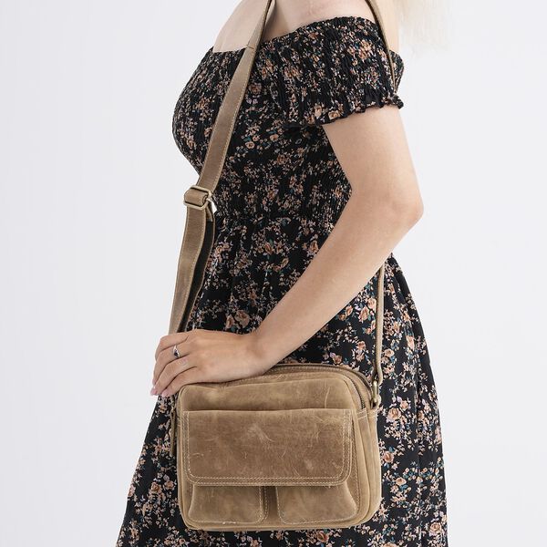 Echtleder-Crossbody-Tasche mit Überschlag und Mehrfachfächern, 25x8x18 cm, Khaki image number 3