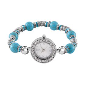 STRADA - Blauer Howlit, Weißer Kristall Flexibles Armband-Uhr, Japanisches Uhrwerk, ca. 18-19 cm, Schwarz oxidiert