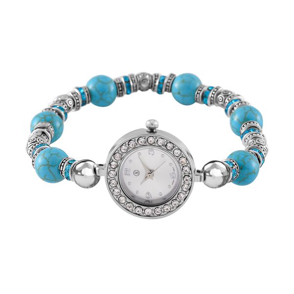 STRADA - Blauer Howlit, Wei&szlig;er Kristall Flexibles Armband-Uhr, Japanisches Uhrwerk, ca. 18-19 cm, Schwarz oxidiert