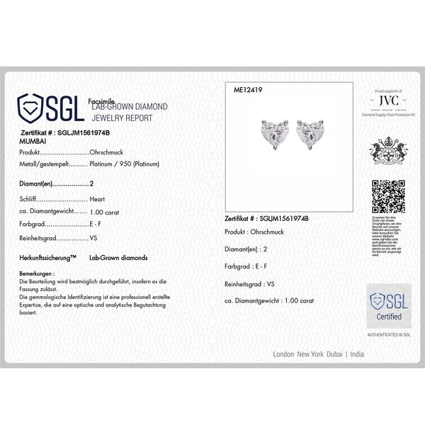 LUXURIANT SGL zertifizierte VS-EF Labor Herz Diamant Ohrringe in 950 Platin - 1 ct. image number 4