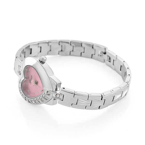 GENOA TIME - Herz-Armbanduhr Legierung, nickelfreies Messing, silberfarben, mit wei&szlig;en Kristallen, Zifferblatt Rosa-Sunshine, 3 ATM wasserdicht image number 6