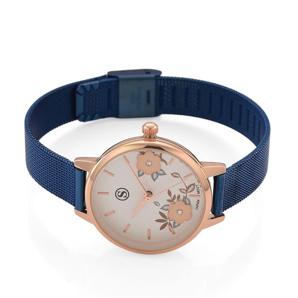 STRADA Uhr mit Japanischem PC21S Werk, Edelstahl-Mesharmband Blau, Gehäuse Roségoldfarben, florales Zifferblatt Weiß mit Weißem Kristall image number 4