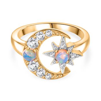 D'Joy AA Nat&uuml;rlicher, &auml;thiopischer Welo Opal, Wei&szlig;er Zirkon Ring 925 Silber 750 Gelb Vergoldet (Gr&ouml;&szlig;e 18.00) ca. 0,79 ct
