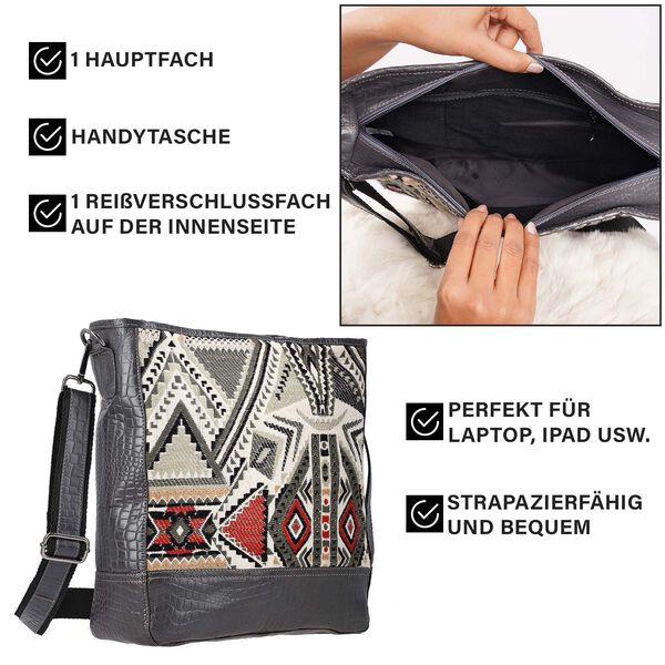 Crossbody Bag mit Krokoprägung aus echtem Leder und Jacquard mit Laptop-Hüllen, schwarz image number 6