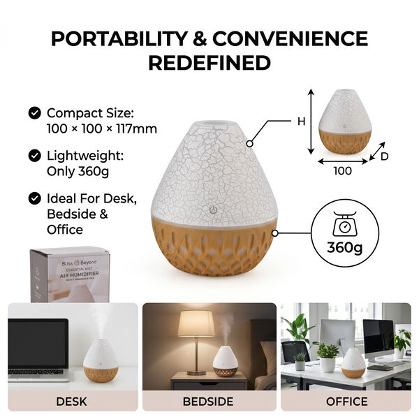 "Humidifier with 7 Essential Oil   Product Size: 100*100*117mm Color Box Size:105*135*155mm  Net weight:120g+245g=360g Water Capacity: 200ml Power: 3-5W, DC 5V/1A Colorful light Changing 3 hours Automatic Power Off" image number 13