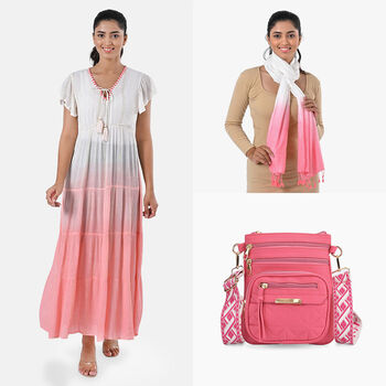 Maxikleid aus Viskose-Crepe mit Lurex Ombre-Schal mit Quasten aus Poly-Seide-Modal und Crossbody Tasche Rosa