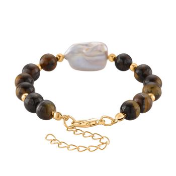 Tigerauge, Wei&szlig;e Keshi Perle Armband, ca. 18cm mit 5cm extender, Reine Legierung goldfarben