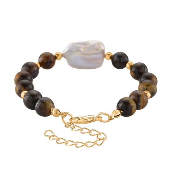 Tigerauge, Wei&szlig;e Keshi Perle Armband, ca. 18cm mit 5cm extender, Reine Legierung goldfarben image number 4