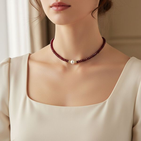 Weiße Muschelkernperle (9-11 mm), Roter Quarzit Halskette, verstellbar 40.5 cm +10 cm Extender, goldfarben image number 2