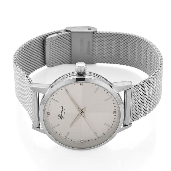 GENOA TIME - V2 Automatik Armbanduhr, Geh&auml;use 316 Edelstahl Zweifarbiges Sonnenschein Zifferblatt mit wei&szlig;em Diamant Edelstahl Mesharmband silberfarben image number 5