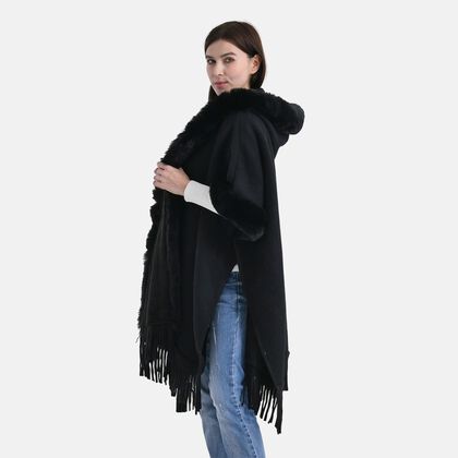 LA MAREY - Poncho aus Webpelz mit Fransen und Fleecefutter, Einheitsgr&ouml;&szlig;e, Schwarz