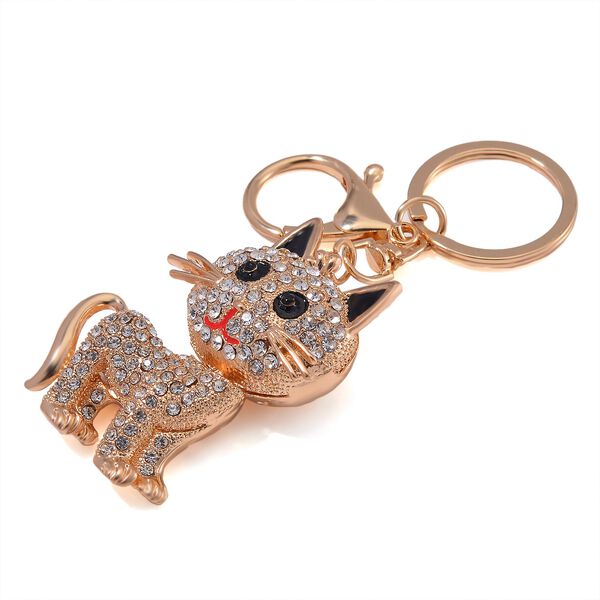 2er Set - Schwarzer Kristall, Katze-Set: Schl&uuml;sselanh&auml;nger und Spiegel, emailliert, goldfarben image number 6