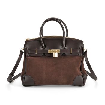 Grand Pelle Echtleder Citybag mit Rei&szlig;verschluss und Schlossoptik 30 x 16 x 23 cm Kaffebraun