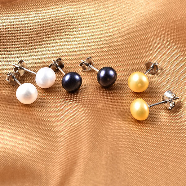 3er-Set - 6-8 mm goldene, weiße und Pfauen-Süßwasserzuchtperlen-Ohrstecker image number 2