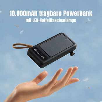 10.000 mAh Powerbank mit LED-Taschenlampe, 4 integrierten Kabeln, 14&times;6,8&times;2 cm, Schwarz