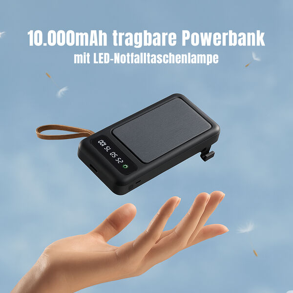 10.000 mAh Powerbank mit LED-Taschenlampe, 4 integrierten Kabeln, 14×6,8×2 cm, Schwarz image number 2