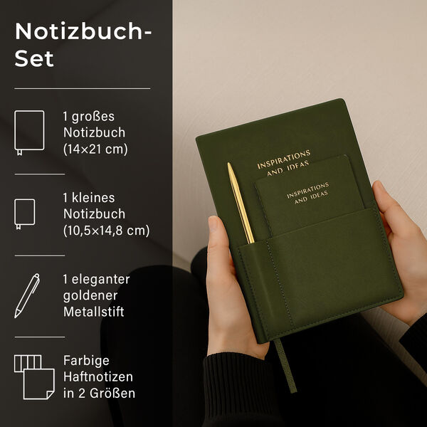 Notizbuch-Set, Grün, 2 Größen, PU-Einband, Metallstift, Geschenkbox Schwarz image number 1