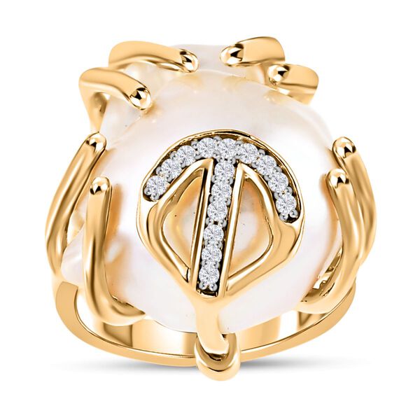 Wei&szlig;e Barockperle, Wei&szlig;er Zirkon Ring 925 Silber Gelbgold Vermeil (Gr&ouml;&szlig;e 16.00) ca. 0.60 ct image number 3