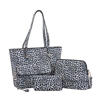 Passage - 4er-Set, Handtasche, Crossbody Tasche, Clutch und Brieftasche mit weissem Leoparden Muster
