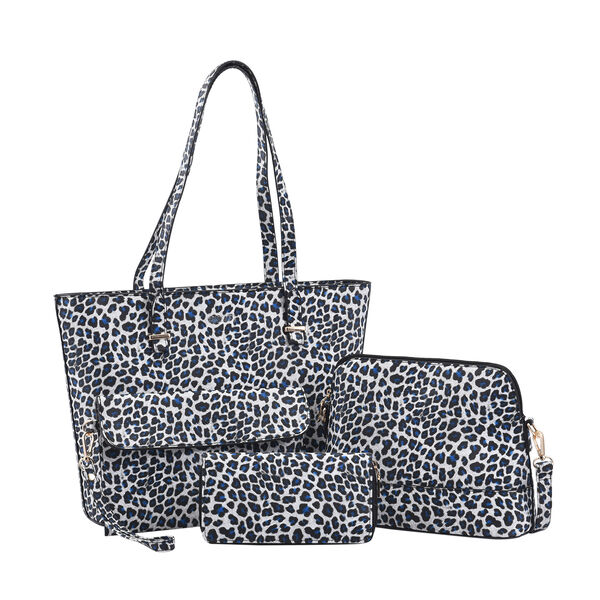 Passage - 4er-Set, Handtasche, Crossbody Tasche, Clutch und Brieftasche mit weissem Leoparden Muster