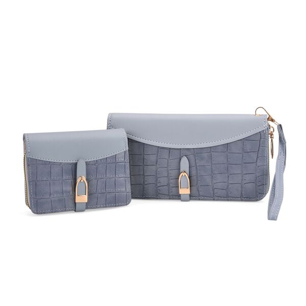 2-teiliges Geldbörsen-Set im Krokoprägungs-Design, Lange Geldbörse 20x10x3 cm und Bifold-Geldbörse 12x9x3,5 cm, Blau image number 0