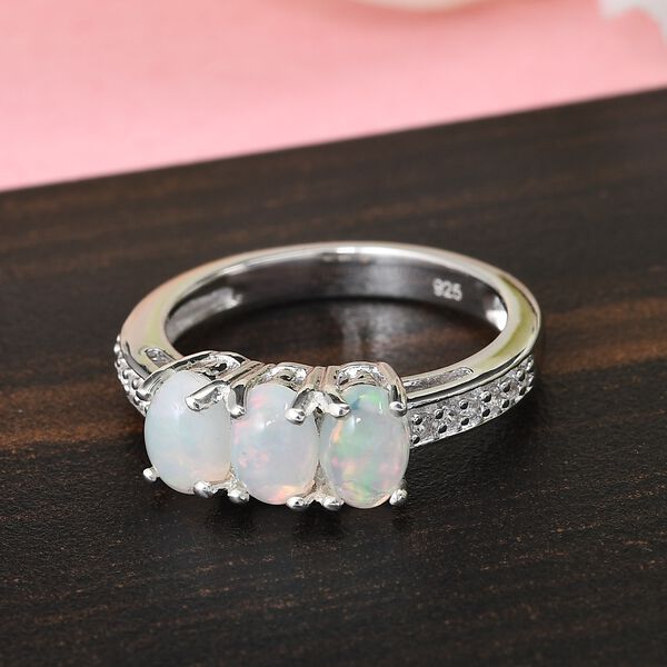 Nat&uuml;rlicher &Auml;thiopischer Opal und Zirkon 3 Stein Ring 925 Silber Platin-&Uuml;berzug image number 2