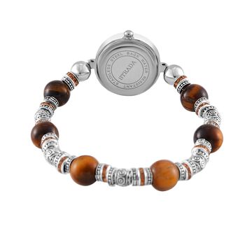 STRADA - Gelbes Tigerauge, Wei&szlig;er Kristall Armband-Uhr, Japanisches Uhrwerk, ca. 18-19cm, Schwarz oxidiert