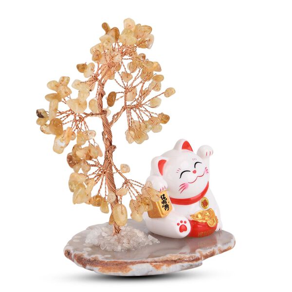 LIVMORE Solar Edelstein Gl&uuml;ckskatze Dekoration mit Achatbasis und 108 Citrin Steinen ca. 11 cm Gelb image number 4