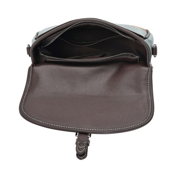 "PU Embroidered crossbody bag Color:Blue Size:22*8*16 cm   Wall: PU Lining: Polyester Exterior:zipped-2.pocket-1 Interior: zipped-1,slid-1" image number 5