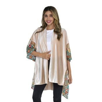 TAMSY - Kimono aus Samt mit Blumenstickerei, Einheitsgr&ouml;&szlig;e Beige