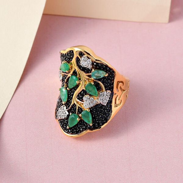 Kagem Sambischer Smaragd, Schwarzer Spinell Ring, 925 Silber vergoldet (Gr&ouml;&szlig;e 17.00) ca. 3.64 ct image number 2