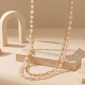 Rosenquarz Halskette, ca. 45 cm + 5 cm Extender, vergoldet ca. 130.00 ct