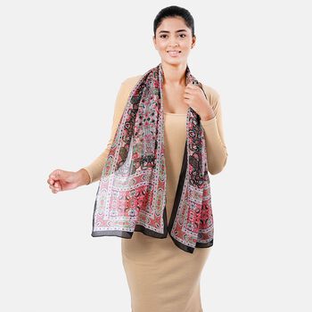 Bedruckter Schal aus 100% Seide, Mehrfarbiges Muster mit schwarzer Bord&uuml;re, 70x200 cm