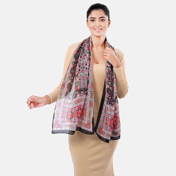 Bedruckter Schal aus 100% Seide, Mehrfarbiges Muster mit schwarzer Bord&uuml;re, 70x200 cm