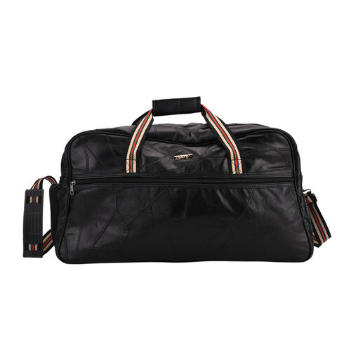 Patchwork-Reisetasche aus weichem Schafleder, mit Tragegriffen und abnehmbarem Schulterriemen, 46x25x27 cm, Schwarz