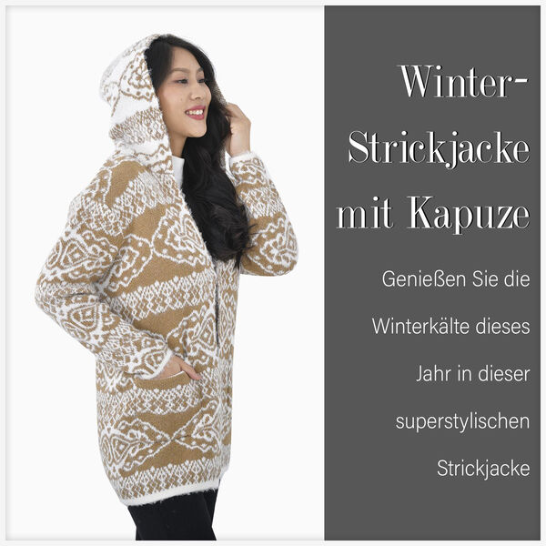 Winter-Kapuzenpullover mit 2 Taschen, Khaki und weiß image number 4