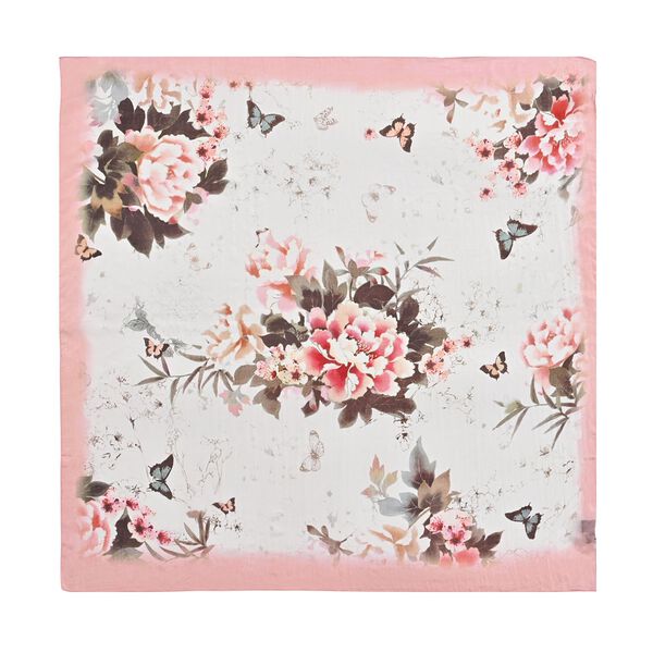 LA MAREY Seiden-Foulard aus 100% Maulbeerseide und Schmetterling-Seidenbrokat-Brosche, 110x110 cm, Off White image number 7