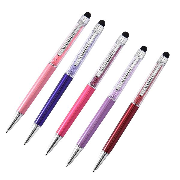 5er Set - Kristall gef&uuml;llte Aluminium-Kugelschreiber, rosa/lila