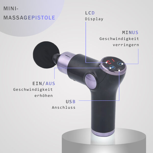 Mini-Muskel-Massage-Pistole mit 4 Massageköpfen, 32 Stärken, perfekt zum Mitnehmen, schwarz image number 2