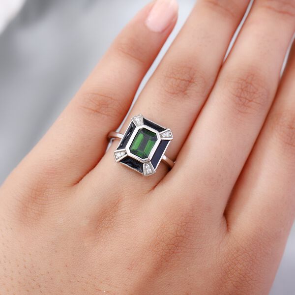 Nat&uuml;rlicher Chromdiopsid, Zirkon und emailliert Ring 925 Silber platiniert  ca. 1,27 ct image number 3