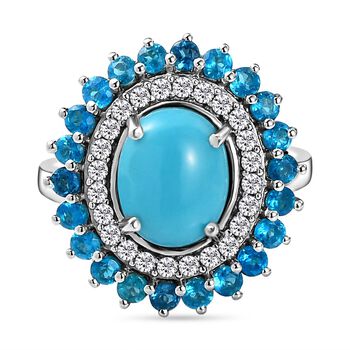 Amerikanischer, nat&uuml;rlicher Sleeping Beauty T&uuml;rkis und Neon Apatit-Ring, 925 Silber platiniert (Gr&ouml;&szlig;e 17.00) ca. 3,33 ct