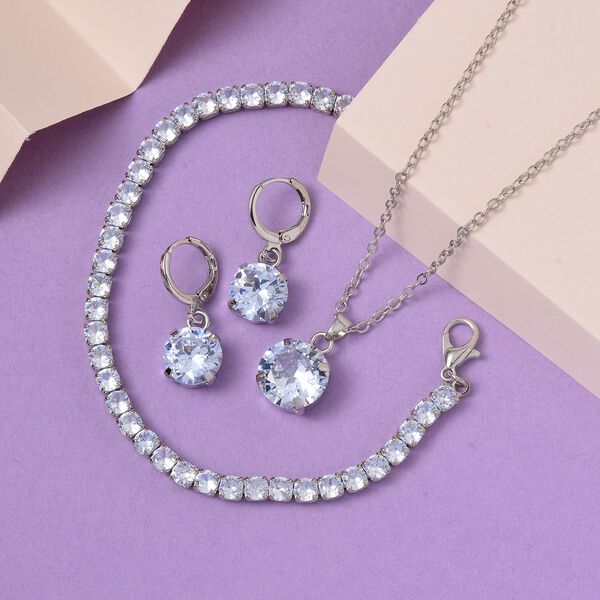 3er Set - Wei&szlig;er Kristall Armband, Ohrringe und Anh&auml;nger mit Kette, Reiner Edelstahl, Messing, silberfarben image number 1