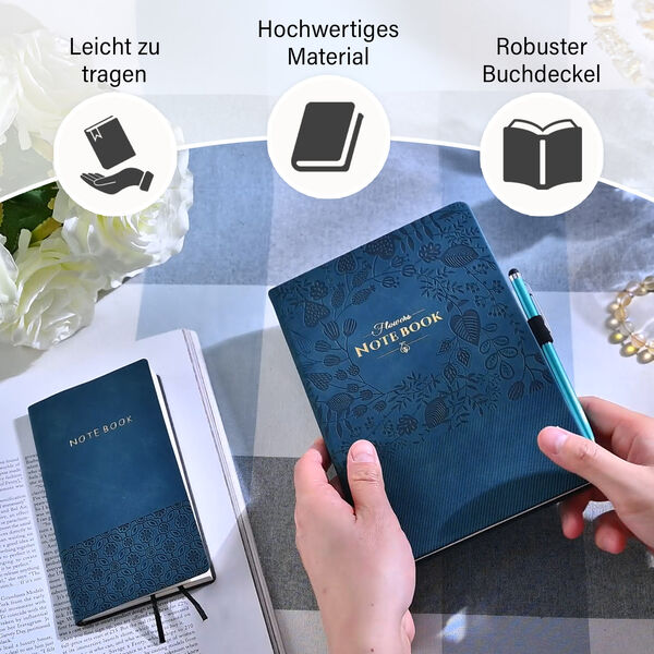 Premium Set; Notizbuch und Taschentagebuch mit geschnitztem, samtigem Hardcover und Kugelschreiber, Marineblau image number 4